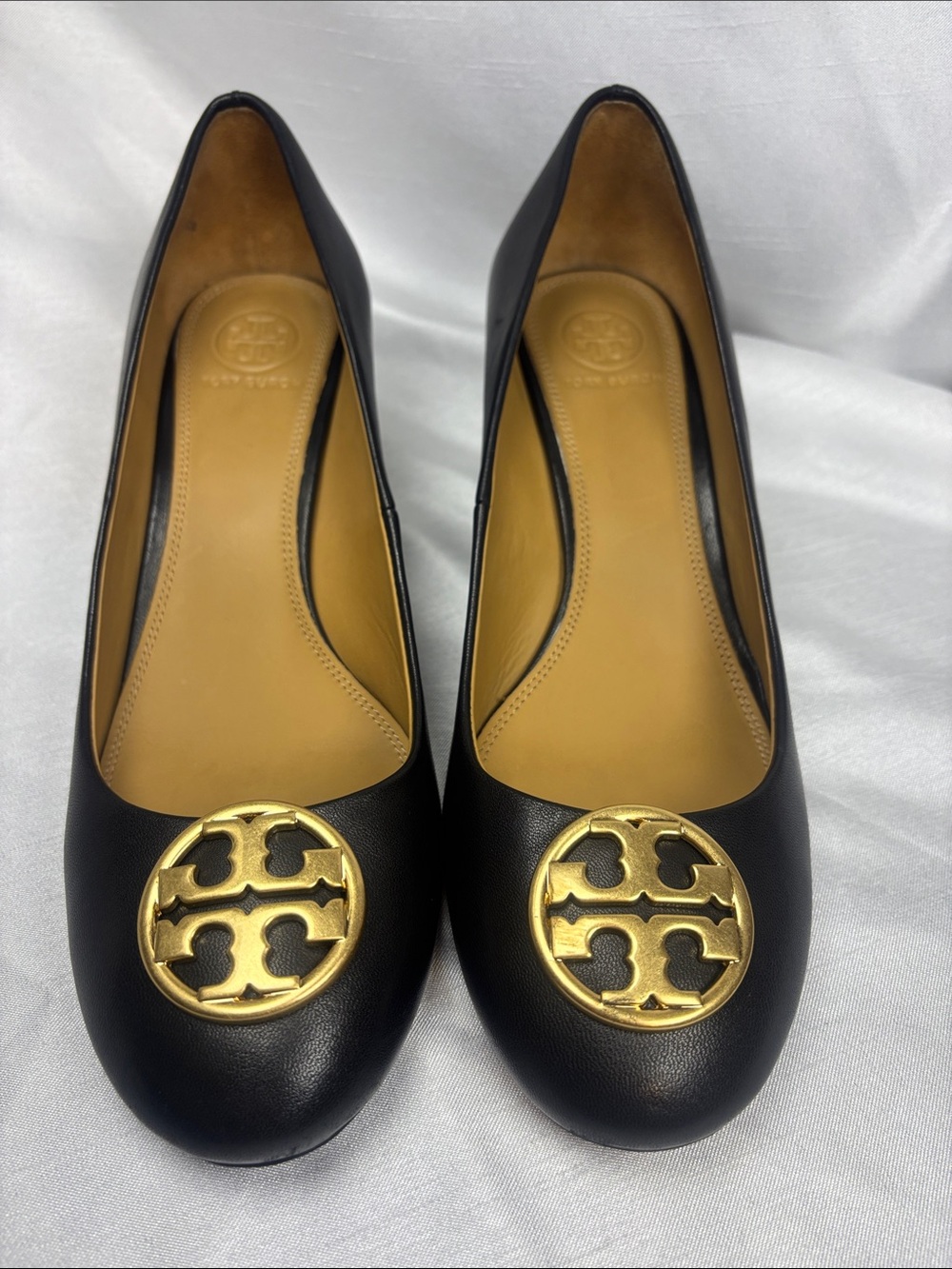 Tory Burch Black Leather Wedges with Gold Logo Emblem